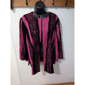 Ming‎ Wang Pink Black Knit Open Front Jacket Cardigan Floral Stripe 3/4 Sleeve
